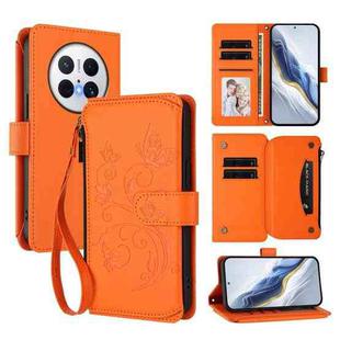 For Huawei Mate 70 Pro Butterfly Love Flower Multi-card Zipper Wallet Leather Phone Case(Orange)