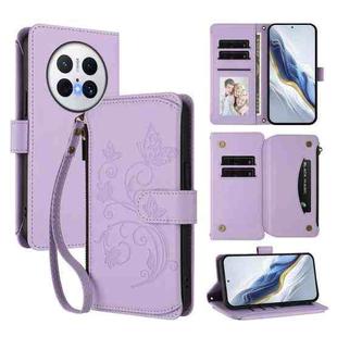 For Huawei Mate 70 Pro Butterfly Love Flower Multi-card Zipper Wallet Leather Phone Case(Light Purple)