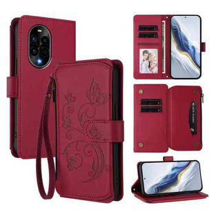 For Huawei nova 13 Pro Butterfly Love Flower Multi-card Zipper Wallet Leather Phone Case(Wine Red)