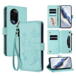For Huawei nova 13 Pro Butterfly Love Flower Multi-card Zipper Wallet Leather Phone Case(Mint Green)