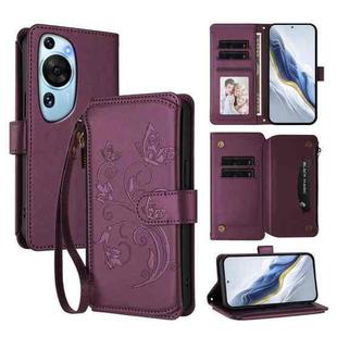 For Huawei P60 Art Butterfly Love Flower Multi-card Zipper Wallet Leather Phone Case(Dark Purple)