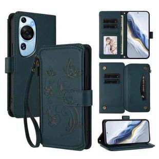 For Huawei P60 Art Butterfly Love Flower Multi-card Zipper Wallet Leather Phone Case(Dark Green)