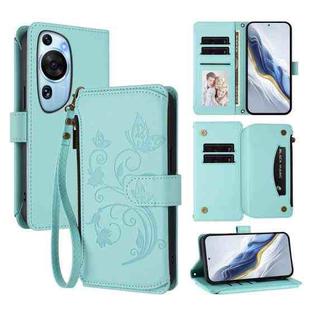 For Huawei P60 Art Butterfly Love Flower Multi-card Zipper Wallet Leather Phone Case(Mint Green)
