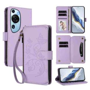 For Huawei P60 Art Butterfly Love Flower Multi-card Zipper Wallet Leather Phone Case(Light Purple)