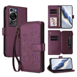 For Huawei P60 / P60 Pro Butterfly Love Flower Multi-card Zipper Wallet Leather Phone Case(Dark Purple)