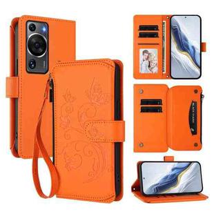 For Huawei P60 / P60 Pro Butterfly Love Flower Multi-card Zipper Wallet Leather Phone Case(Orange)
