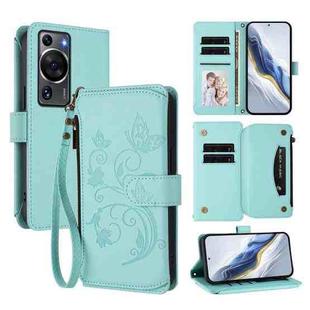 For Huawei P60 / P60 Pro Butterfly Love Flower Multi-card Zipper Wallet Leather Phone Case(Mint Green)