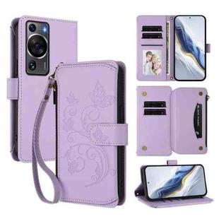 For Huawei P60 / P60 Pro Butterfly Love Flower Multi-card Zipper Wallet Leather Phone Case(Light Purple)