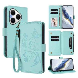 For Huawei Pura 80 Butterfly Love Flower Multi-card Zipper Wallet Leather Phone Case(Mint Green)