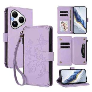 For Huawei Pura 80 Butterfly Love Flower Multi-card Zipper Wallet Leather Phone Case(Light Purple)
