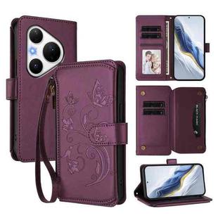 For Huawei Pura 80 Pro Butterfly Love Flower Multi-card Zipper Wallet Leather Phone Case(Dark Purple)