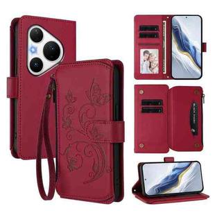 For Huawei Pura 80 Pro Butterfly Love Flower Multi-card Zipper Wallet Leather Phone Case(Wine Red)