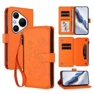 For Huawei Pura 80 Pro Butterfly Love Flower Multi-card Zipper Wallet Leather Phone Case(Orange)