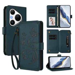 For Huawei Pura 80 Pro Butterfly Love Flower Multi-card Zipper Wallet Leather Phone Case(Dark Green)