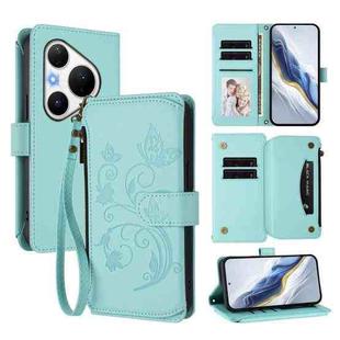 For Huawei Pura 80 Pro Butterfly Love Flower Multi-card Zipper Wallet Leather Phone Case(Mint Green)