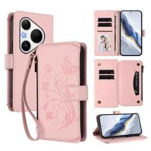 For Huawei Pura 80 Pro Butterfly Love Flower Multi-card Zipper Wallet Leather Phone Case(Pink)