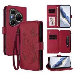 For Huawei Pura 80 Ultra Butterfly Love Flower Multi-card Zipper Wallet Leather Phone Case(Wine Red)