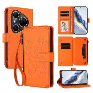 For Huawei Pura 80 Ultra Butterfly Love Flower Multi-card Zipper Wallet Leather Phone Case(Orange)