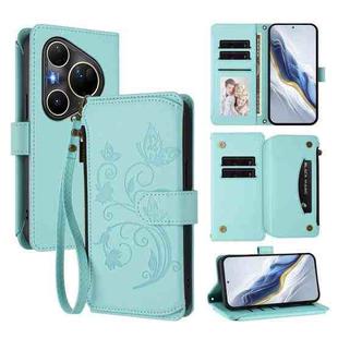 For Huawei Pura 80 Ultra Butterfly Love Flower Multi-card Zipper Wallet Leather Phone Case(Mint Green)