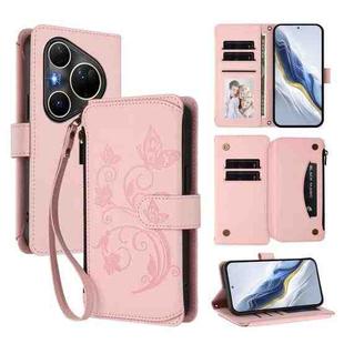 For Huawei Pura 80 Ultra Butterfly Love Flower Multi-card Zipper Wallet Leather Phone Case(Pink)
