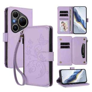 For Huawei Pura 80 Ultra Butterfly Love Flower Multi-card Zipper Wallet Leather Phone Case(Light Purple)