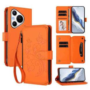 For Huawei Pura 70 Butterfly Love Flower Multi-card Zipper Wallet Leather Phone Case(Orange)