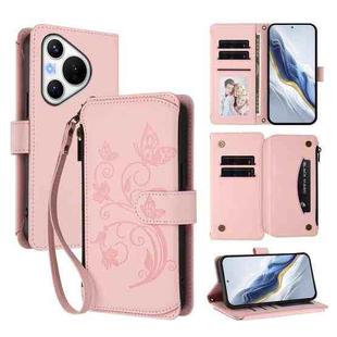 For Huawei Pura 70 Butterfly Love Flower Multi-card Zipper Wallet Leather Phone Case(Pink)
