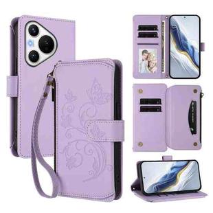 For Huawei Pura 70 Butterfly Love Flower Multi-card Zipper Wallet Leather Phone Case(Light Purple)