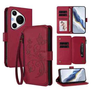 For Huawei Pura 70 Pro / 70 Pro+ Butterfly Love Flower Multi-card Zipper Wallet Leather Phone Case(Wine Red)