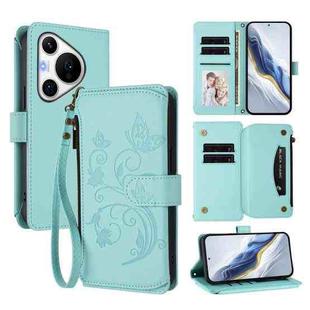 For Huawei Pura 70 Pro / 70 Pro+ Butterfly Love Flower Multi-card Zipper Wallet Leather Phone Case(Mint Green)