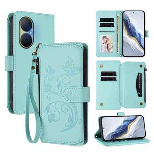 For Huawei Enjoy 80 5G Butterfly Love Flower Multi-card Zipper Wallet Leather Phone Case(Mint Green)