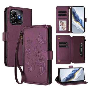 For Huawei Enjoy 80s 4G Butterfly Love Flower Multi-card Zipper Wallet Leather Phone Case(Dark Purple)