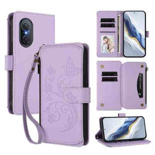 For Honor 50 SE / Huawei nova 9 SE Butterfly Love Flower Multi-card Zipper Wallet Leather Phone Case(Light Purple)