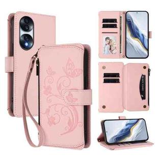For Honor 70 5G Butterfly Love Flower Multi-card Zipper Wallet Leather Phone Case(Pink)