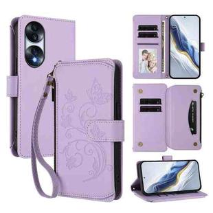 For Honor 70 5G Butterfly Love Flower Multi-card Zipper Wallet Leather Phone Case(Light Purple)