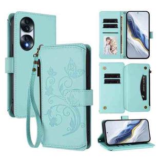 For Honor 70 Pro 5G Butterfly Love Flower Multi-card Zipper Wallet Leather Phone Case(Mint Green)