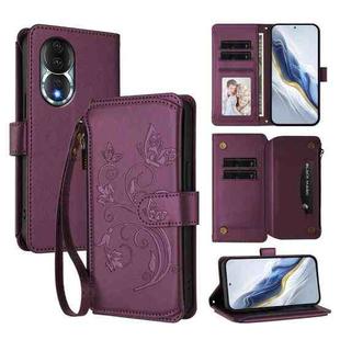 For Honor 80 5G Butterfly Love Flower Multi-card Zipper Wallet Leather Phone Case(Dark Purple)