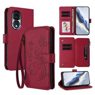 For Honor 80 5G Butterfly Love Flower Multi-card Zipper Wallet Leather Phone Case(Wine Red)