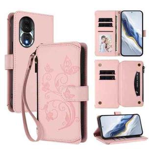 For Honor 80 5G Butterfly Love Flower Multi-card Zipper Wallet Leather Phone Case(Pink)