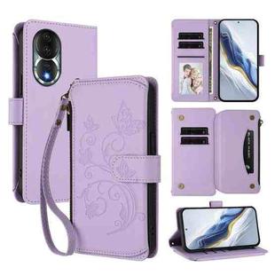 For Honor 80 5G Butterfly Love Flower Multi-card Zipper Wallet Leather Phone Case(Light Purple)