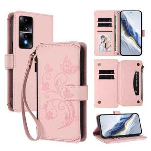 For Honor 80 GT 5G Butterfly Love Flower Multi-card Zipper Wallet Leather Phone Case(Pink)