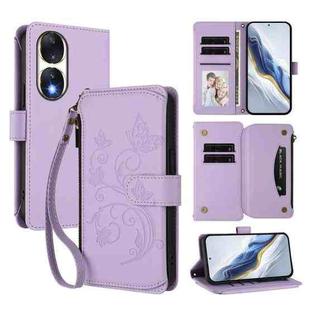 For Honor 90 5G Butterfly Love Flower Multi-card Zipper Wallet Leather Phone Case(Light Purple)