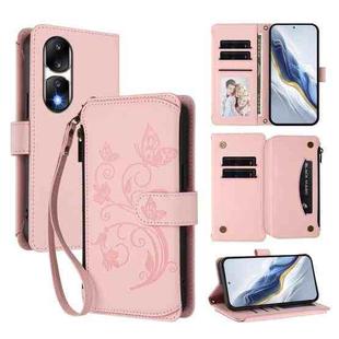 For Honor 90 Pro 5G Butterfly Love Flower Multi-card Zipper Wallet Leather Phone Case(Pink)