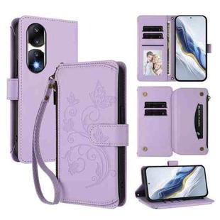 For Honor 90 Pro 5G Butterfly Love Flower Multi-card Zipper Wallet Leather Phone Case(Light Purple)