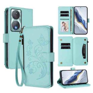 For Honor 90 Smart 5G / X7b 5G / 4G Butterfly Love Flower Multi-card Zipper Wallet Leather Phone Case(Mint Green)