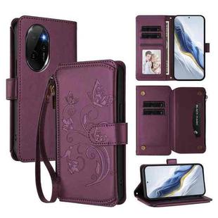 For Honor 100 Pro 5G Butterfly Love Flower Multi-card Zipper Wallet Leather Phone Case(Dark Purple)