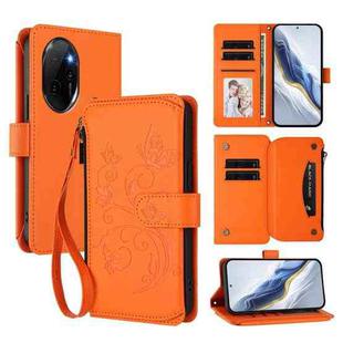 For Honor 100 Pro 5G Butterfly Love Flower Multi-card Zipper Wallet Leather Phone Case(Orange)