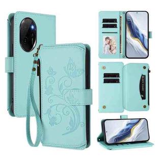 For Honor 100 Pro 5G Butterfly Love Flower Multi-card Zipper Wallet Leather Phone Case(Mint Green)