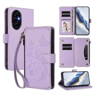 For Honor 200 5G Global Butterfly Love Flower Multi-card Zipper Wallet Leather Phone Case(Light Purple)