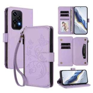 For Honor 200 Lite 5G Global Butterfly Love Flower Multi-card Zipper Wallet Leather Phone Case(Light Purple)